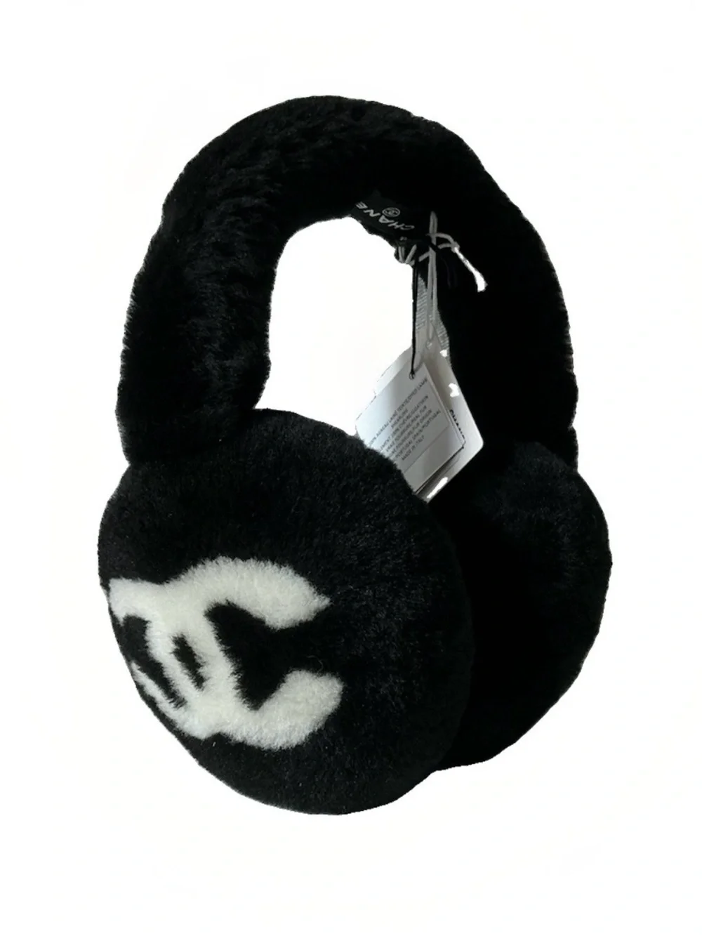 BNIB CHANEL Black White Logo Shearling Lamb Earmuffs